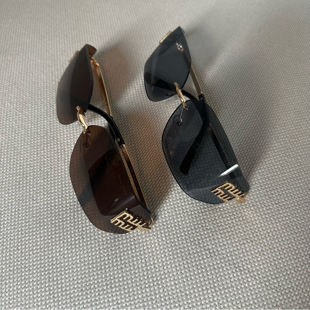 Rimless Brown and Grey Black Sunglasses with Gold Hardware
